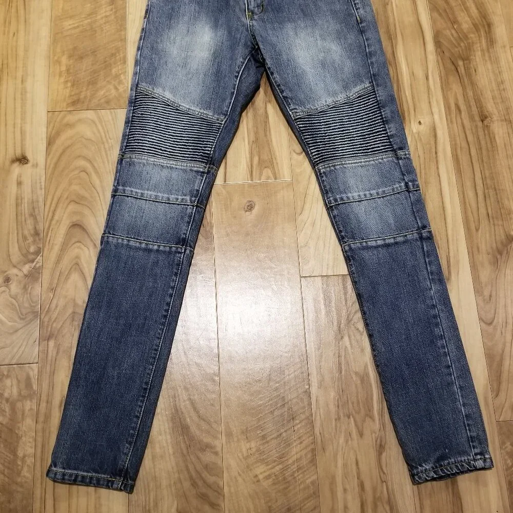 Crysp Denim Men Moto Biker Jeans Size 30 Blue Cotton Ribbed Pleated Panel Slim